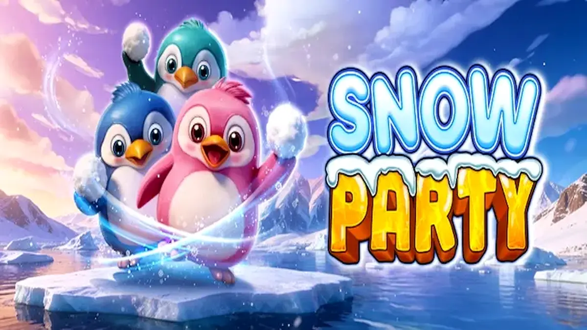 Snow Party slot game screen featuring cute arctic animals on a 7x7 grid