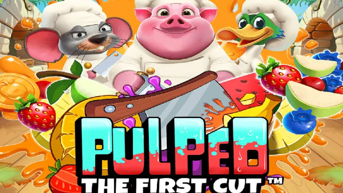Tampilan visual slot Pulped: The First Cut dengan tema dapur tropis dan karakter koki hewan.