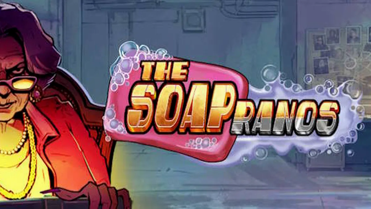 Tampilan visual permainan slot Soapranos dengan elemen neon dan suasana dramatis.