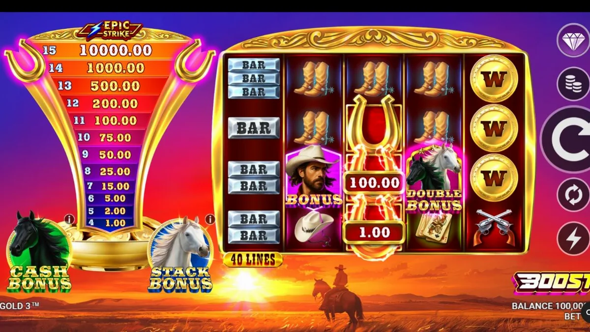 Tampilan visual slot Western Gold 3 dengan latar belakang ngarai dan simbol koboi.